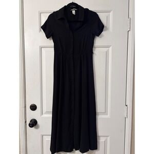 H&M | Short Sleeve Button Down Midi Dress | XS || Black|